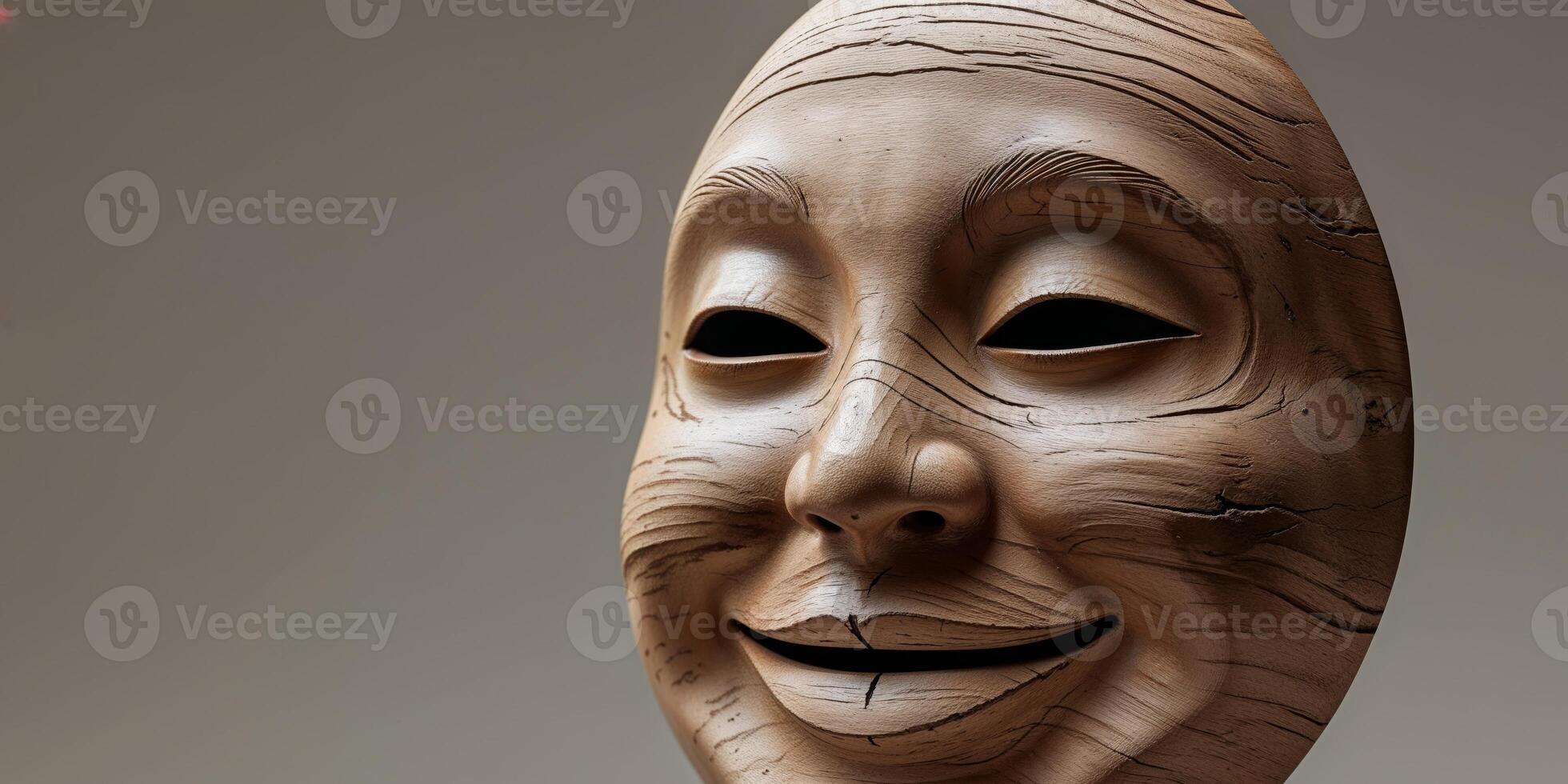 A wooden mask with a smiling face is displayed on a grey background photo