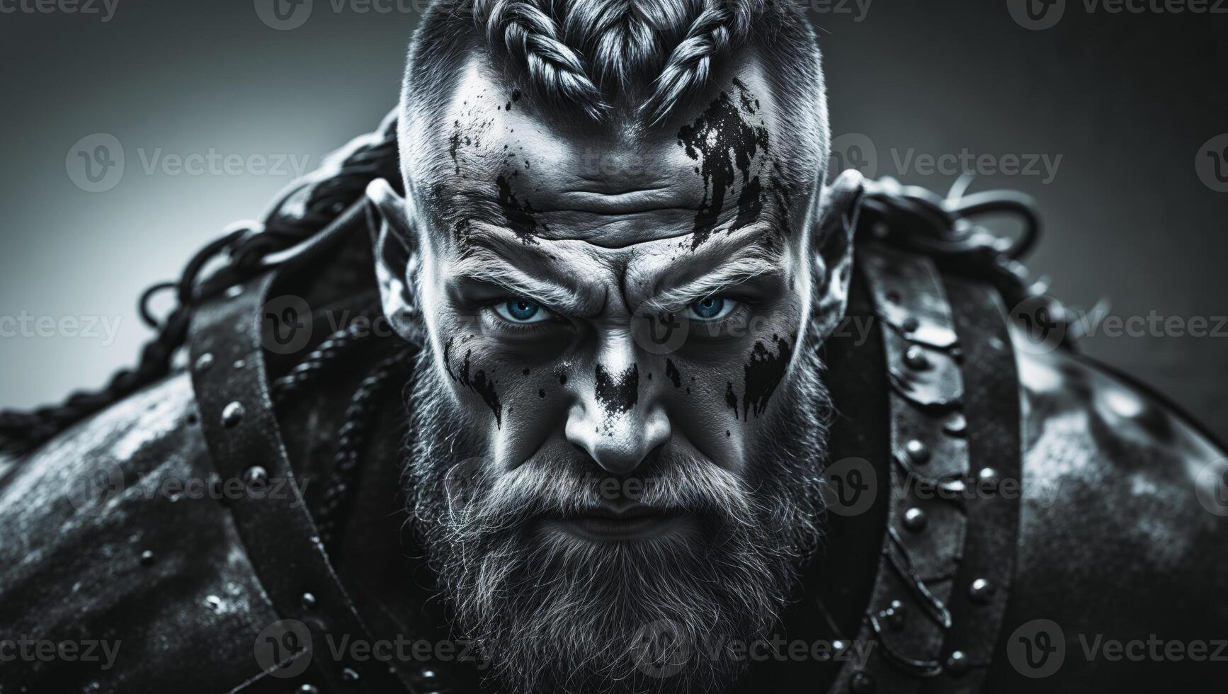 Severe viking warrior with beard and scars is starring angrily photo