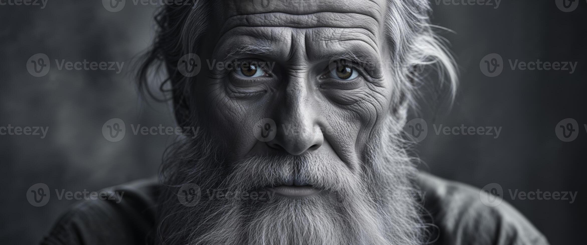 A weathered old man gazes intently with a long white beard. photo