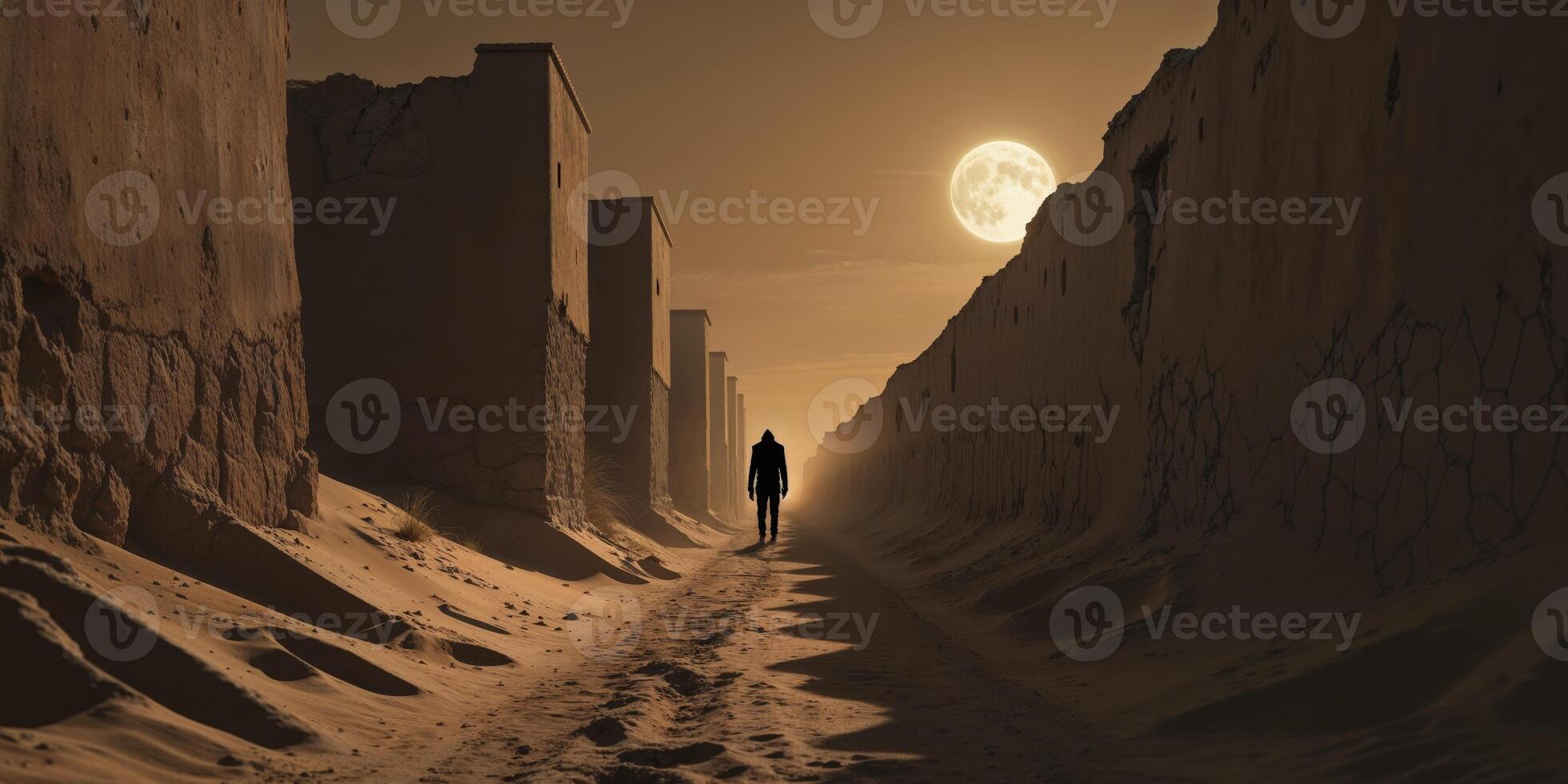 Mysterious Desert Alley with Light Silhouette of a Creature photo