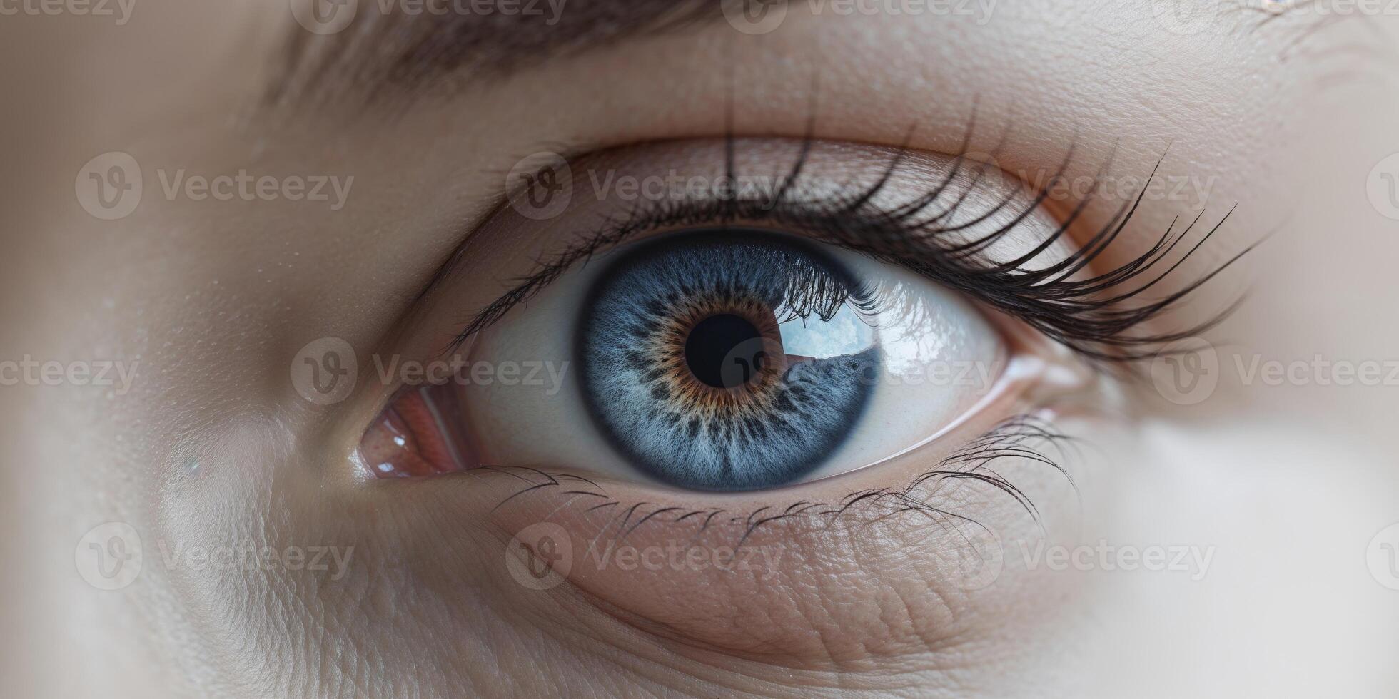 A close up of a blue eye with a dark brown iris. photo