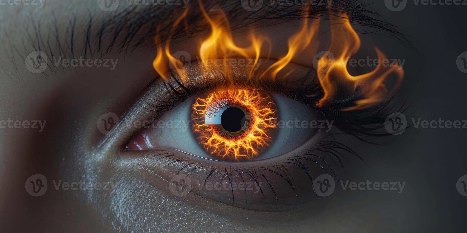Close Up Of A Human Eye With Fiery Orange And Yellow Flames In The Iris. photo