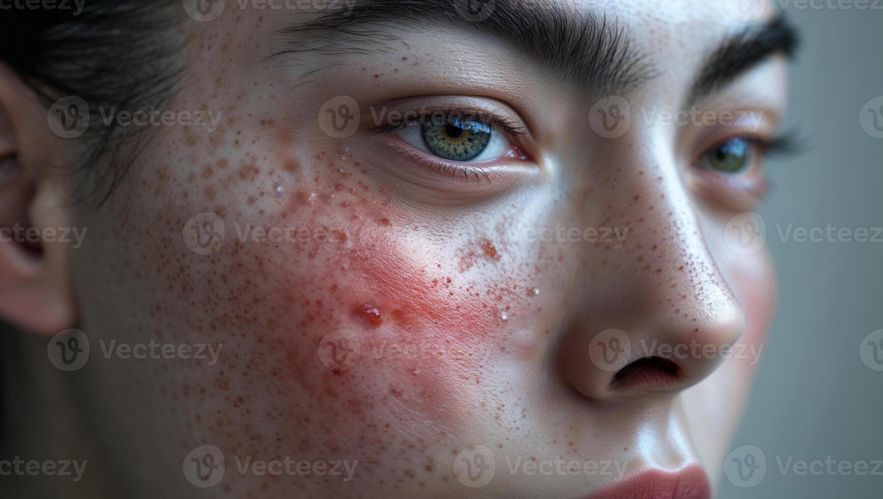 Close up of person face showing redness and blemishes on cheek photo