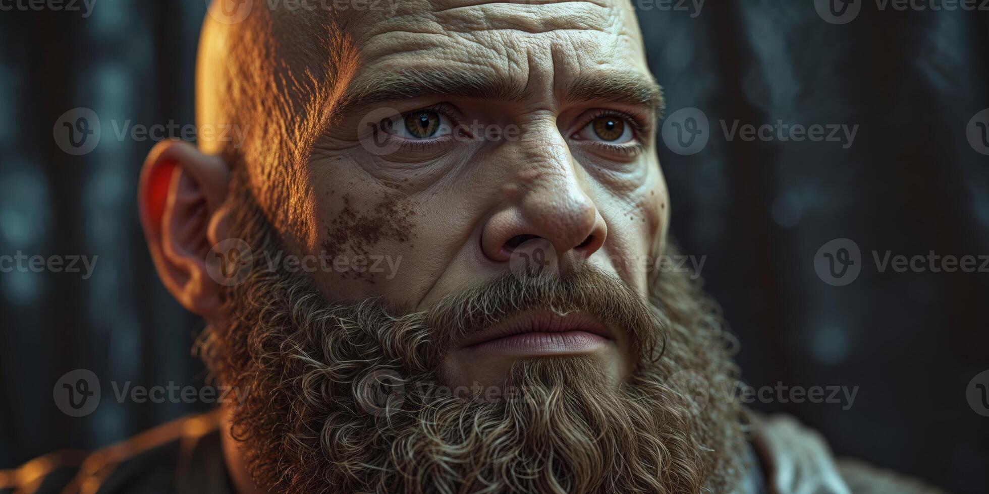 Bald man with beard looking away on black background. photo