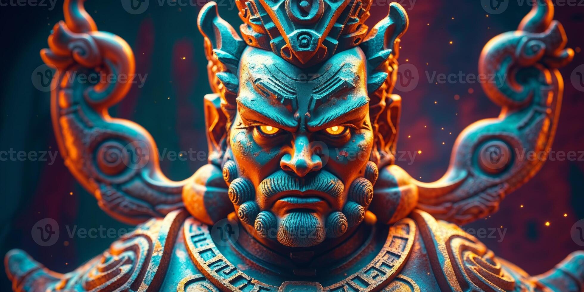 Intricate Carving Of A Fearsome Guardian Statue photo