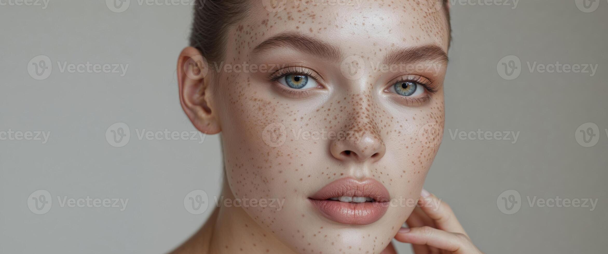 Beautiful freckled model posing with natural makeup and perfect skin. photo
