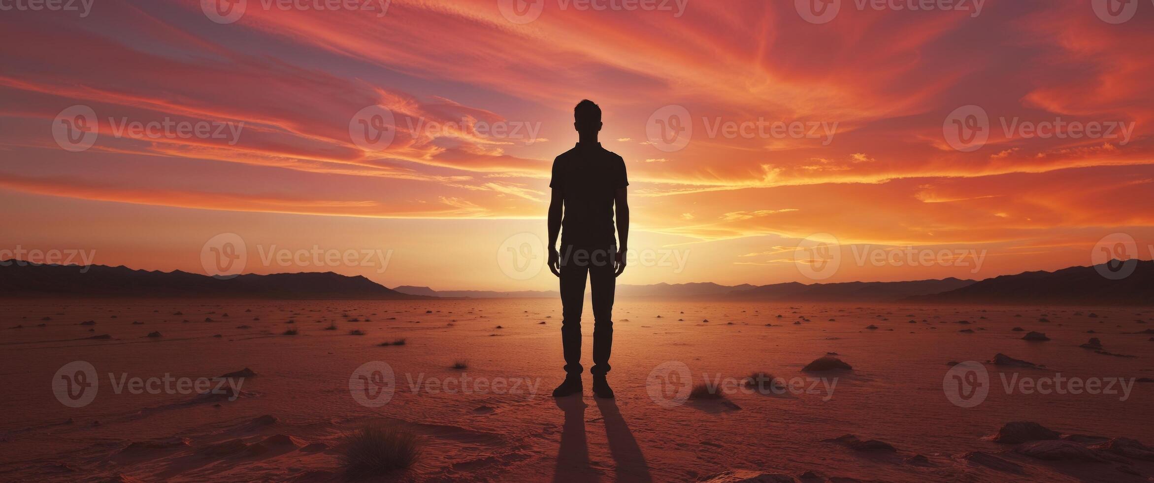 Silhouette of a Man at Sunset in a Desert Landscape. photo