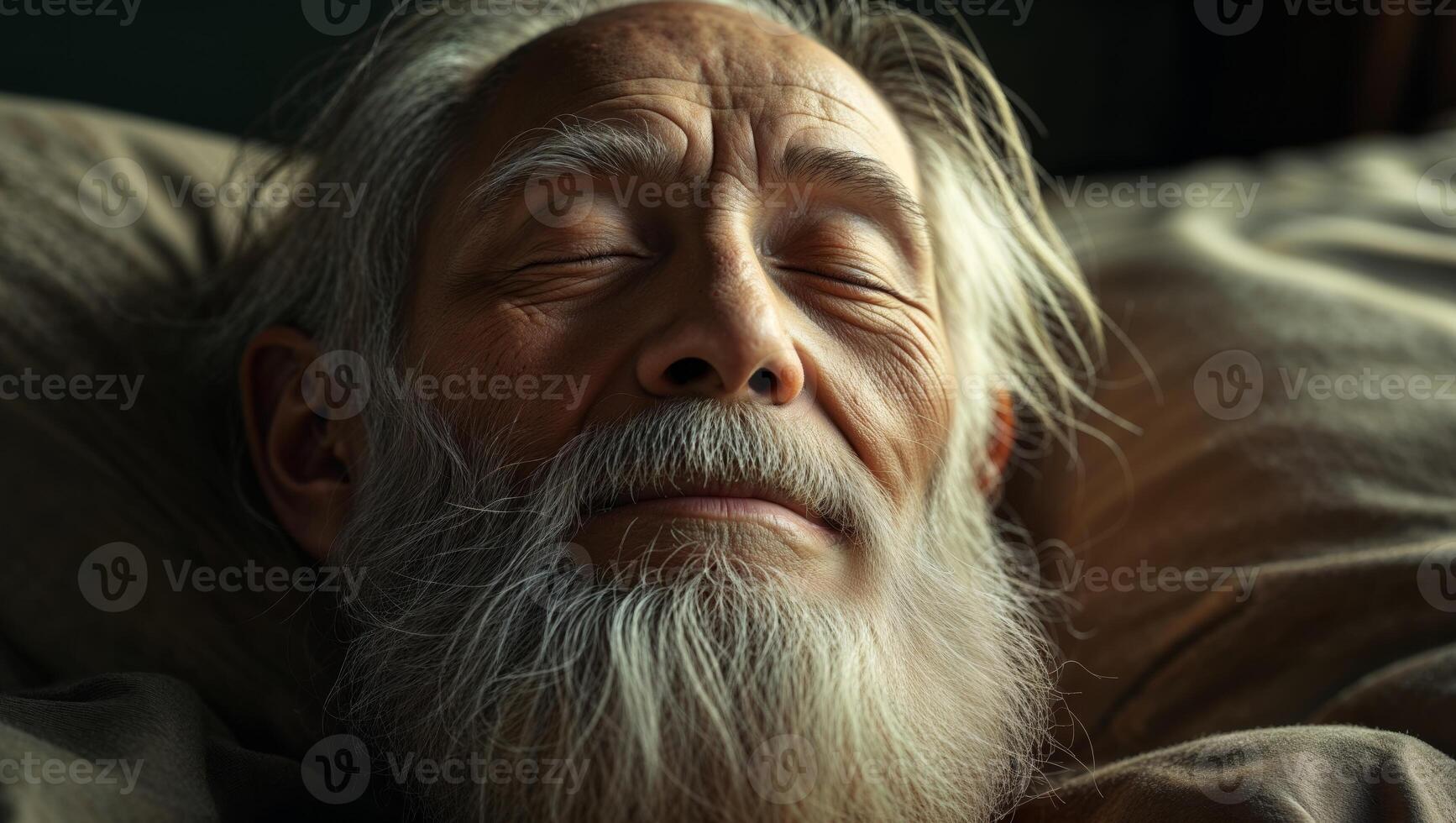 Close up of elderly man with white beard resting peacefully with eyes closed in dim light photo