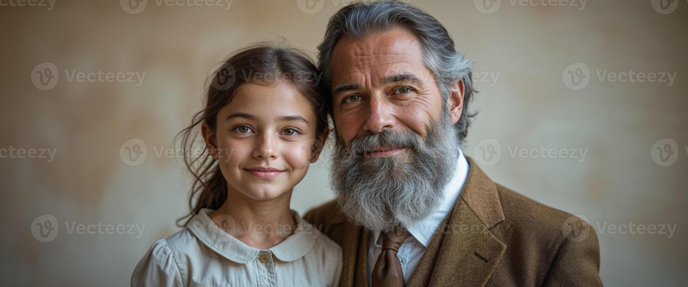 A young girl is standing next to an older man with a beard. photo