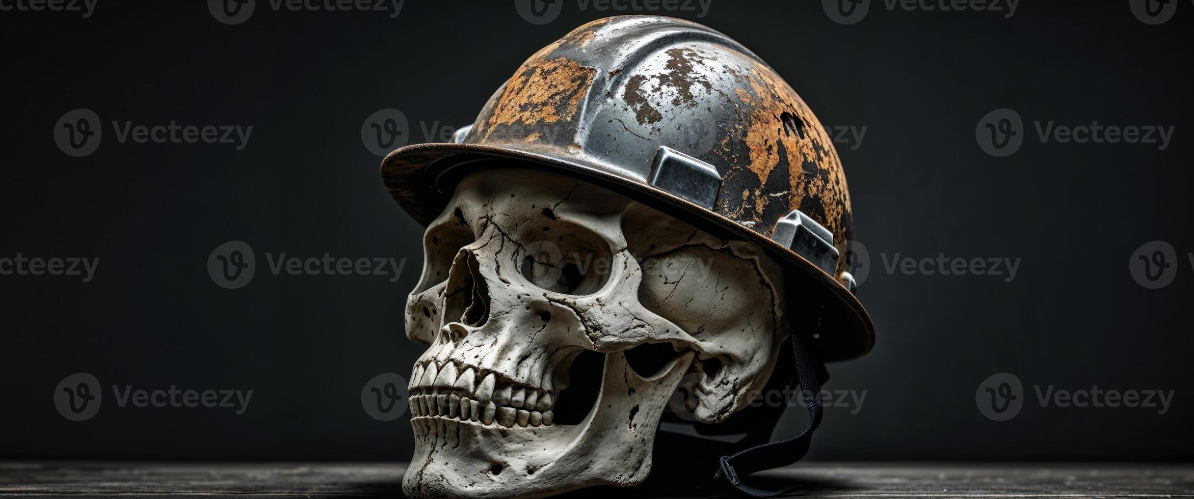 Grungy Skull in Vintage Hard Hat on Black Background for Industry and Labor Concept photo