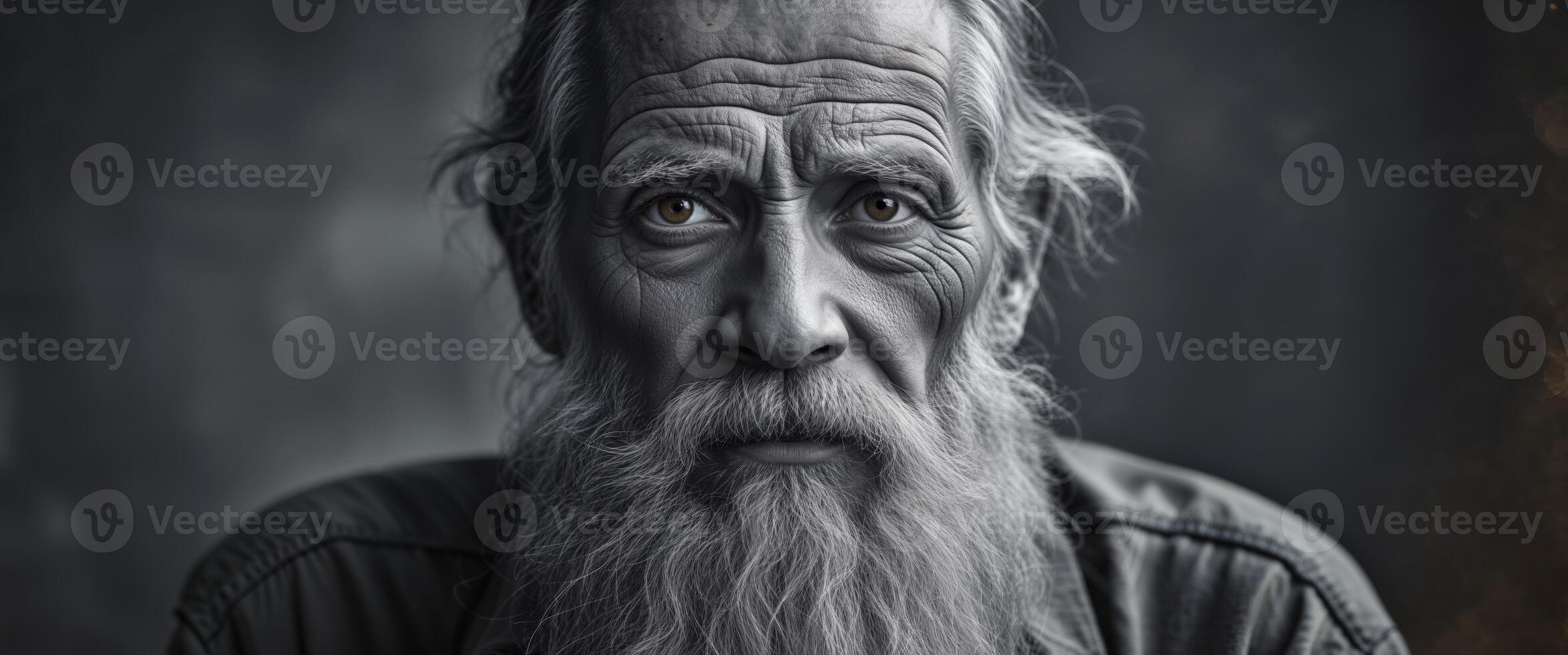 A weathered old man gazes intently with a long white beard photo