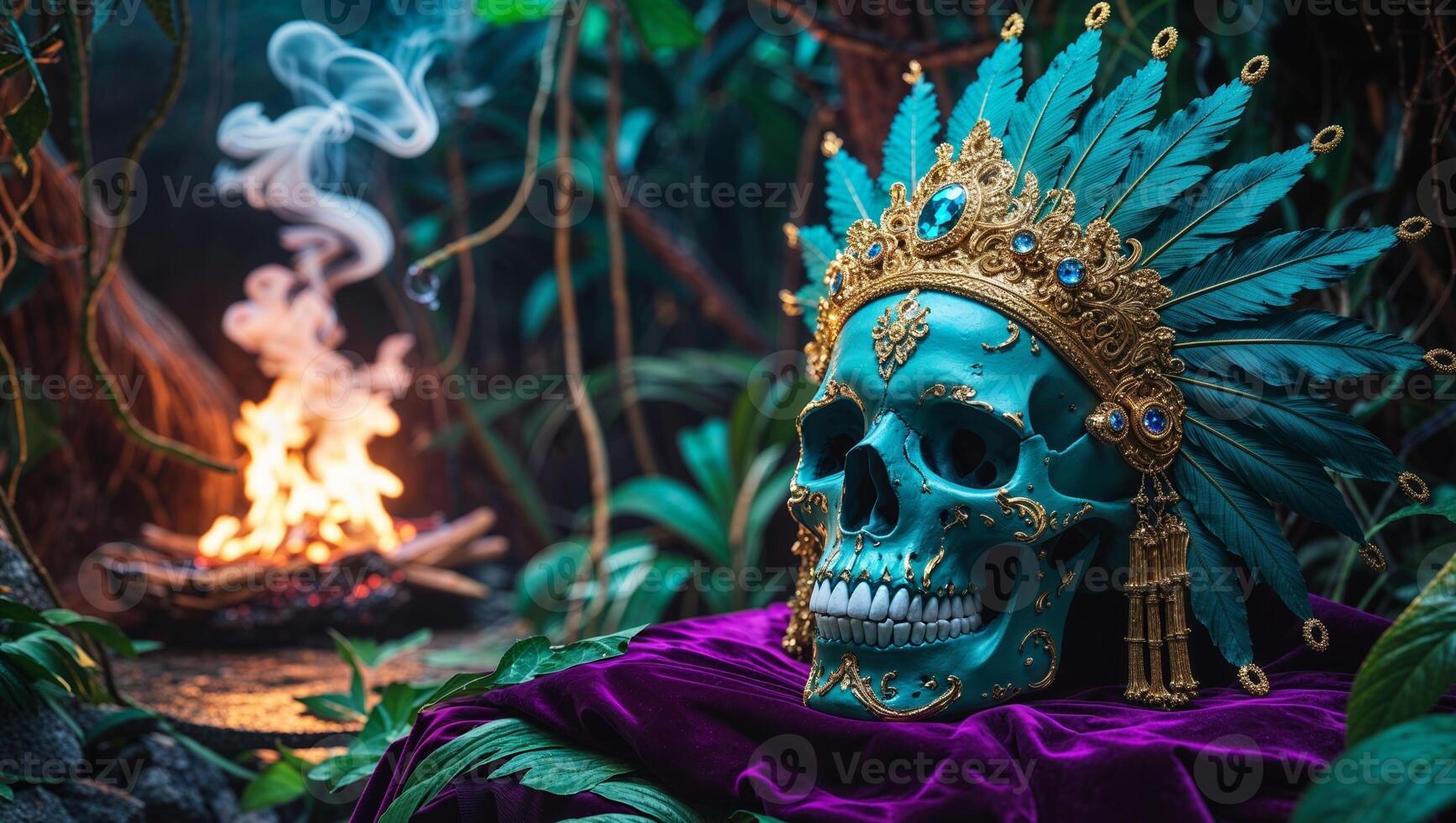 Ornate Teal Skull with Gold Headdress on Purple Cloth near Burning Offering in Lush Jungle Setting. photo