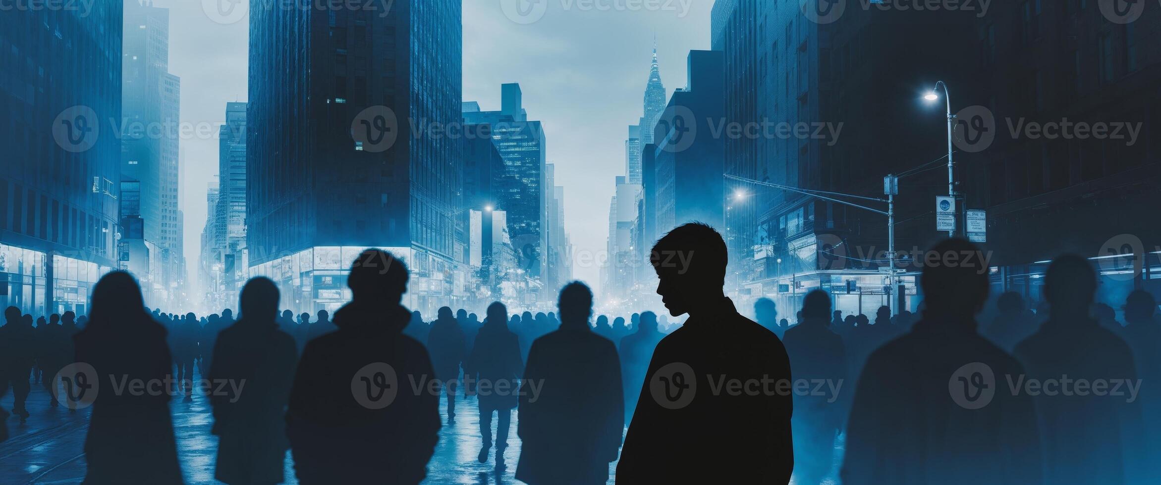 Abstract Representation of Individuality in a Crowd with Blue and Black Tones Showcasing Unique Presence Among Many. photo