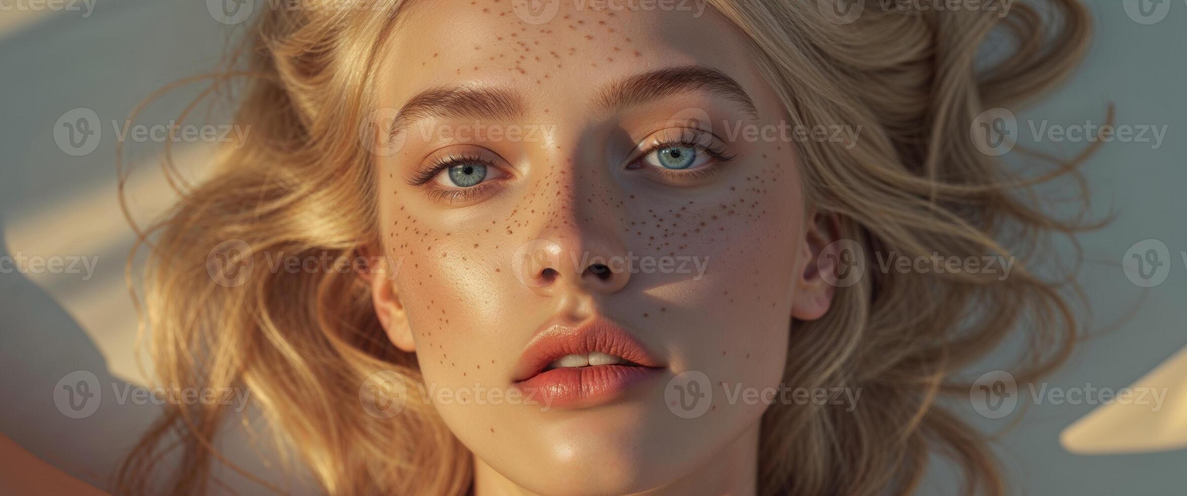 Beautiful blonde model posing with golden hour lighting and freckles photo