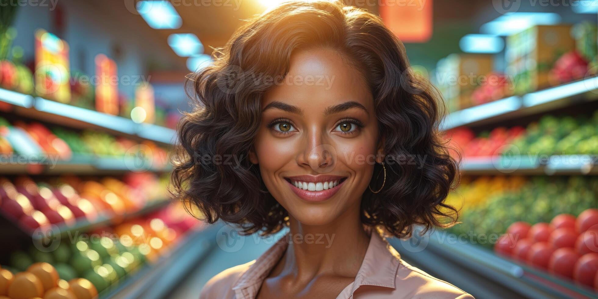 friendly female entrepreneur standing in grocery store. photo