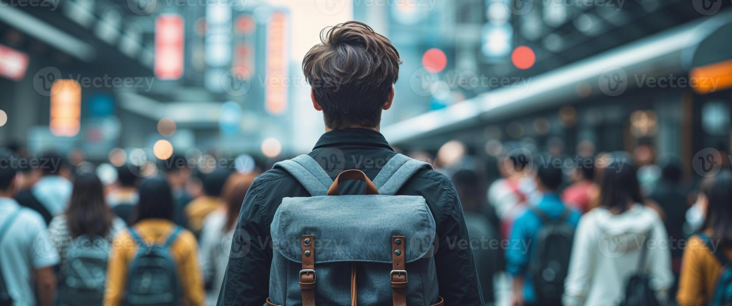 Back view of young man with backpack walking through crowd photo
