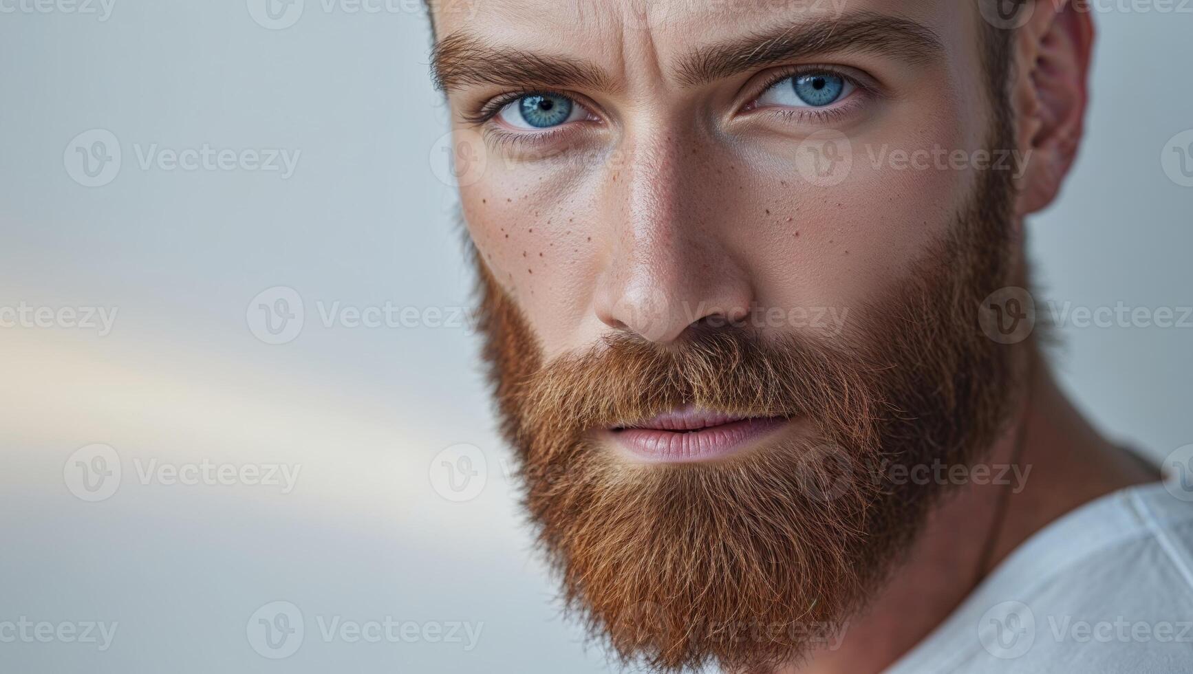 A close up of a man with a beard and blue eyes photo