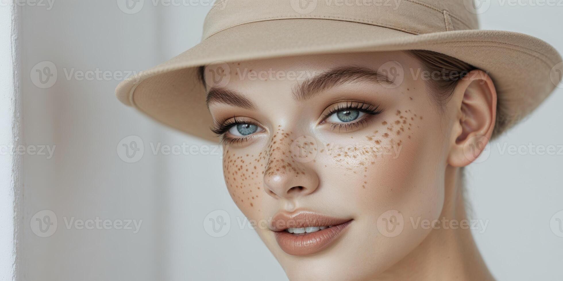 Beautiful fashion model posing with a beige hat showing her freckles and blue eyes photo
