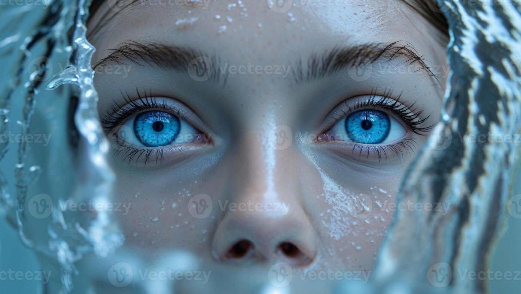 Intense close up of bright blue eyes framed by cascading water emphasizing clarity purity and captivating power of sight photo
