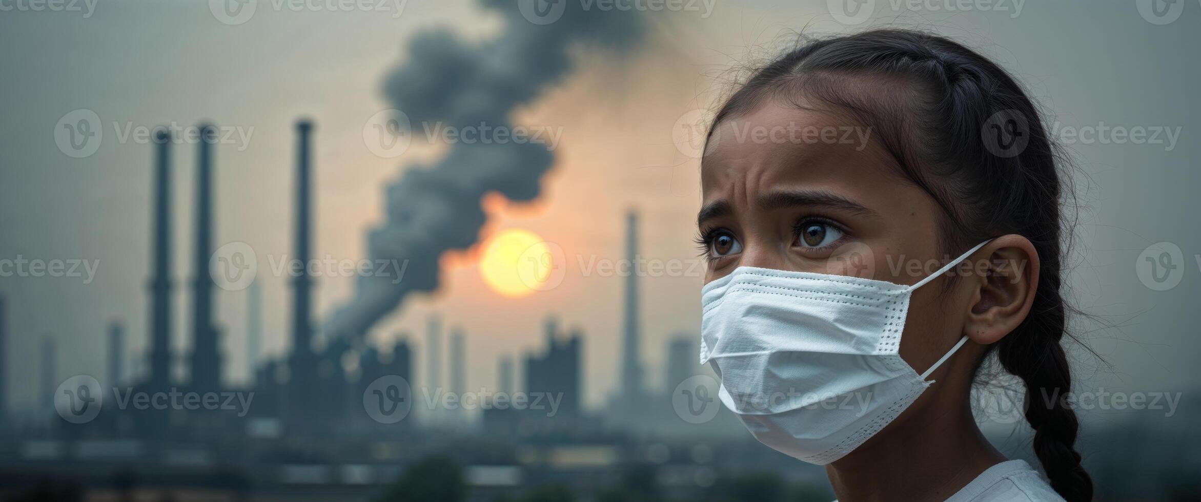 A young girl wears a mask looking out at the polluted skyline. photo