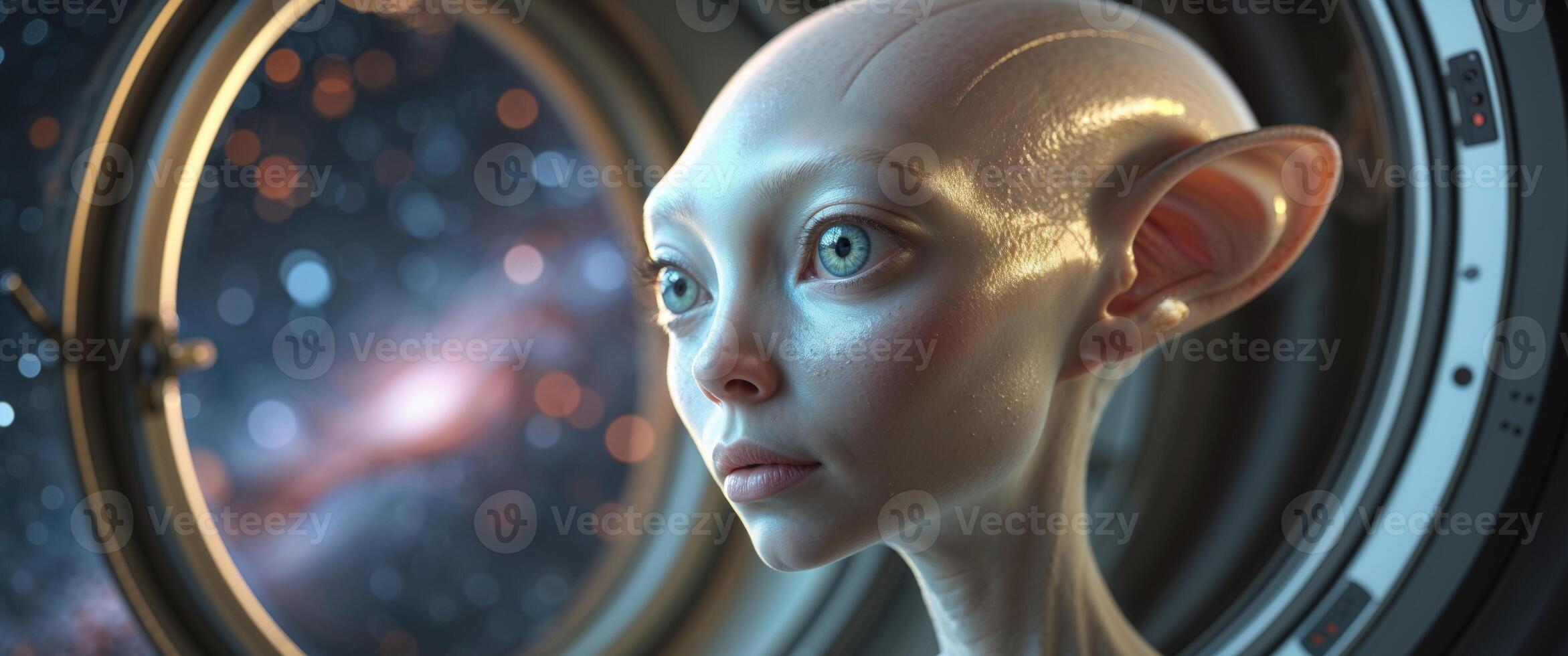 Mysterious alien gazer in spacecraft window. photo