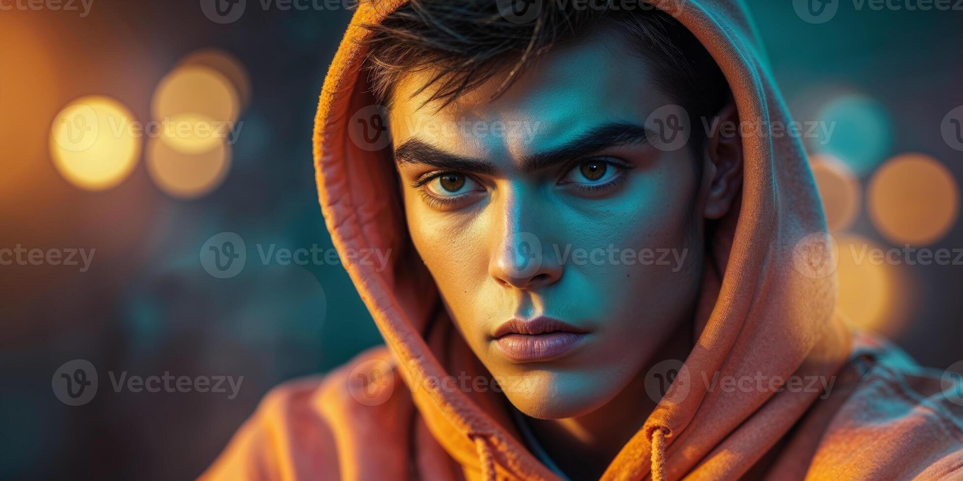 Serious looking young person wearing an orange hooded sweatshirt photo