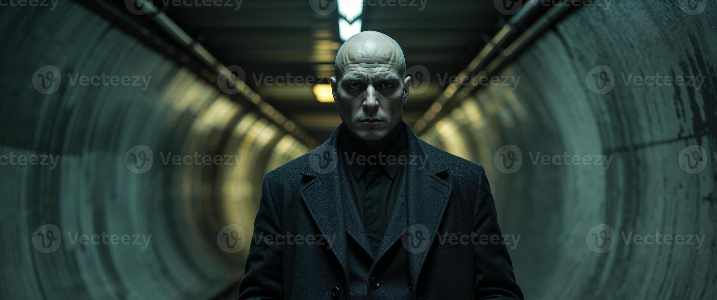 Man in coat standing alone in dark subway tunnel. photo
