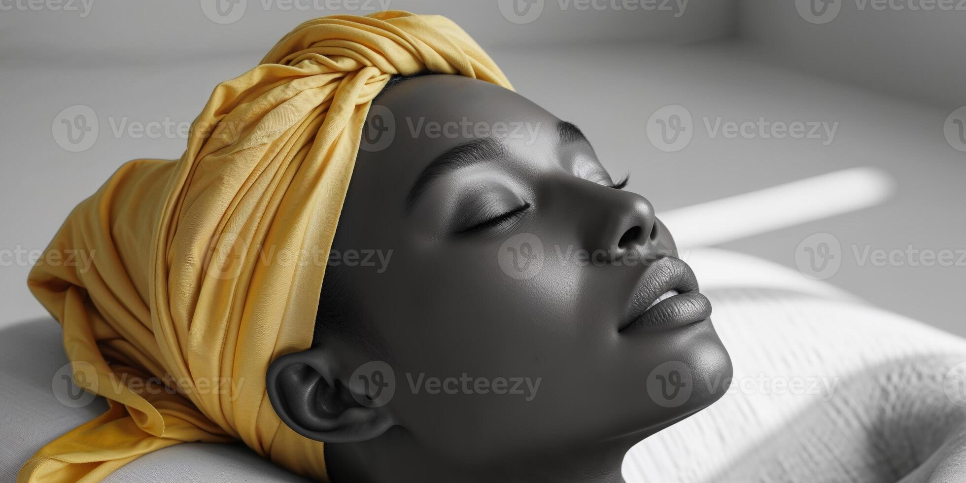 a beautiful model with closed eyes wearing a yellow headscarf. photo