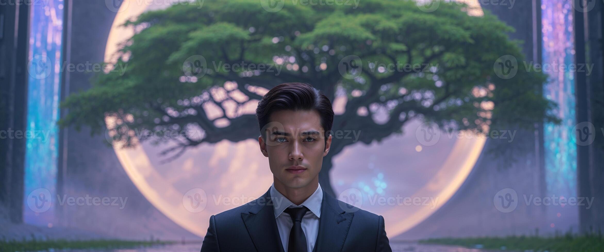 A person stands before a massive portal with a tree inside. photo