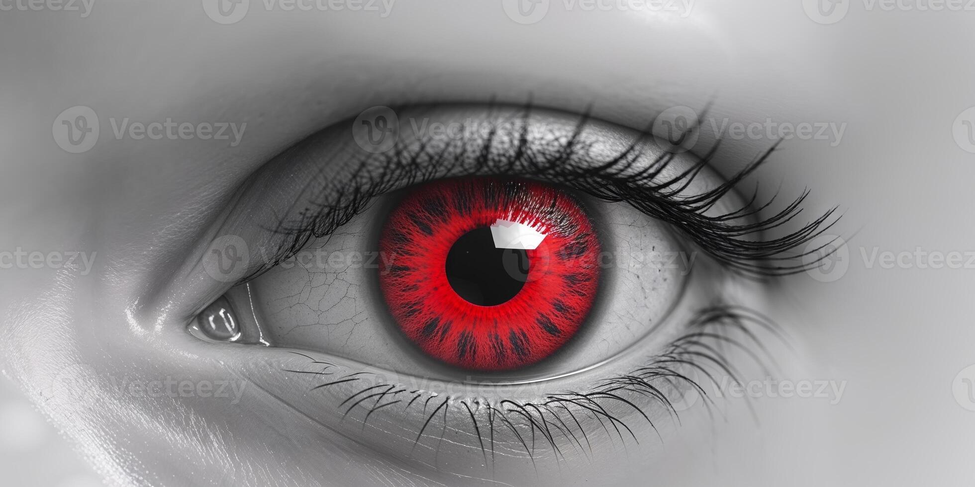 A close up of a person's eye with a red iris photo