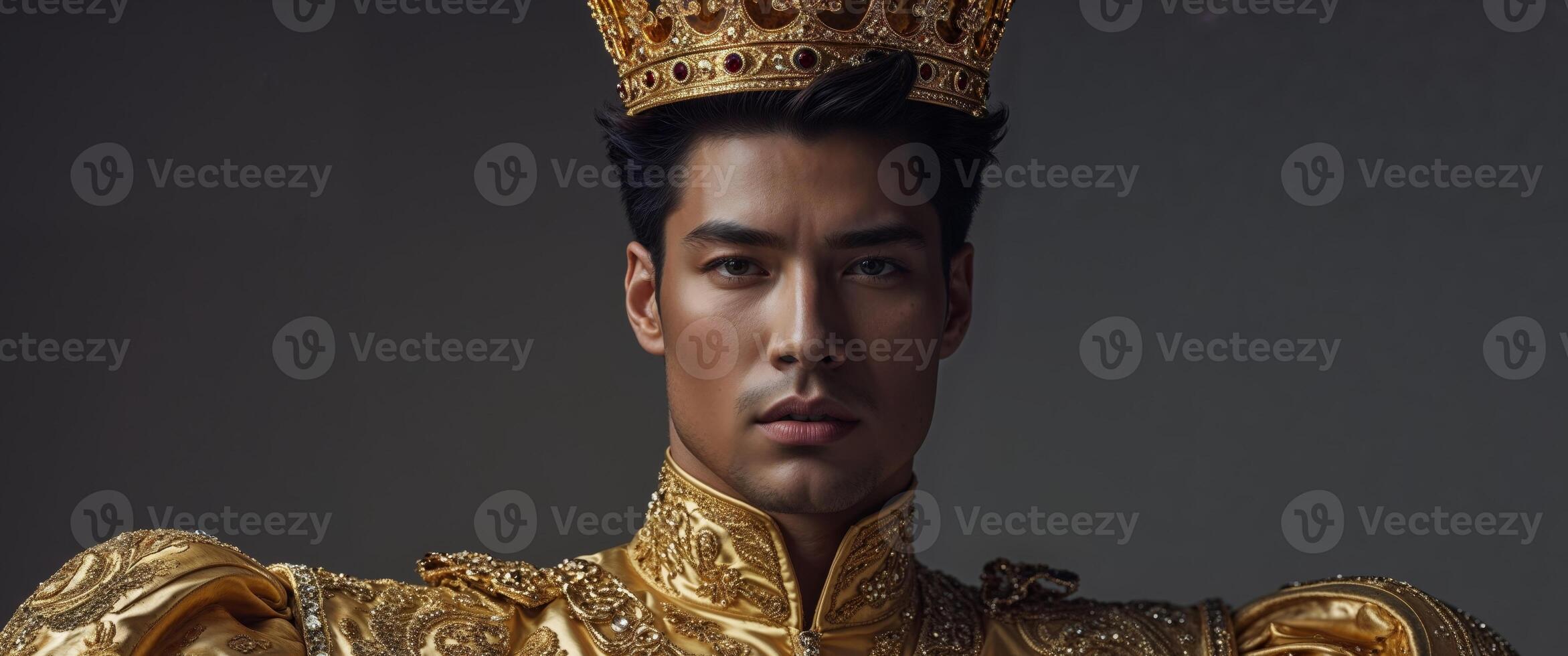 A handsome person wearing a crown and adorned in gold attire. photo