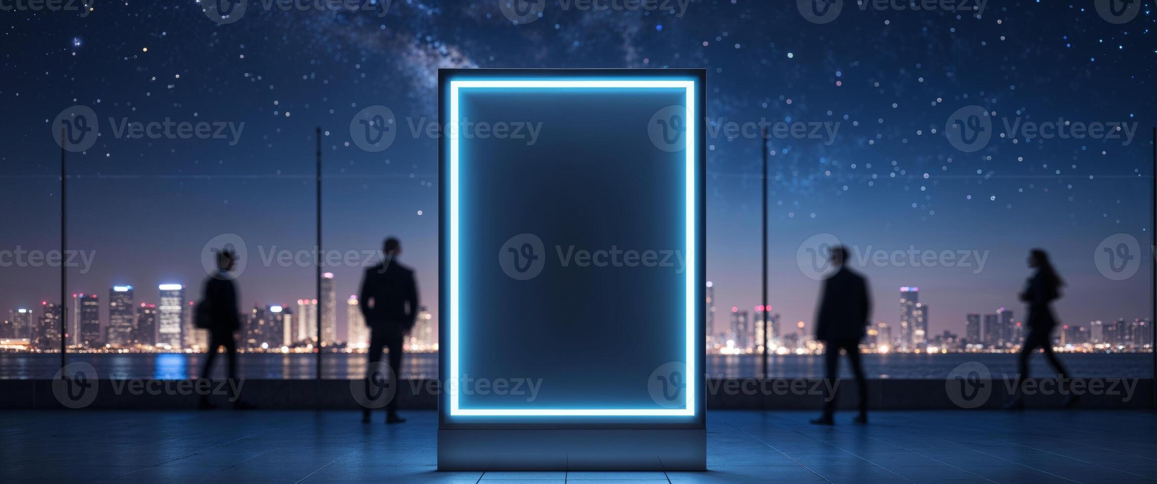 Blank Illuminated Outdoor Poster Mockup at Night. photo