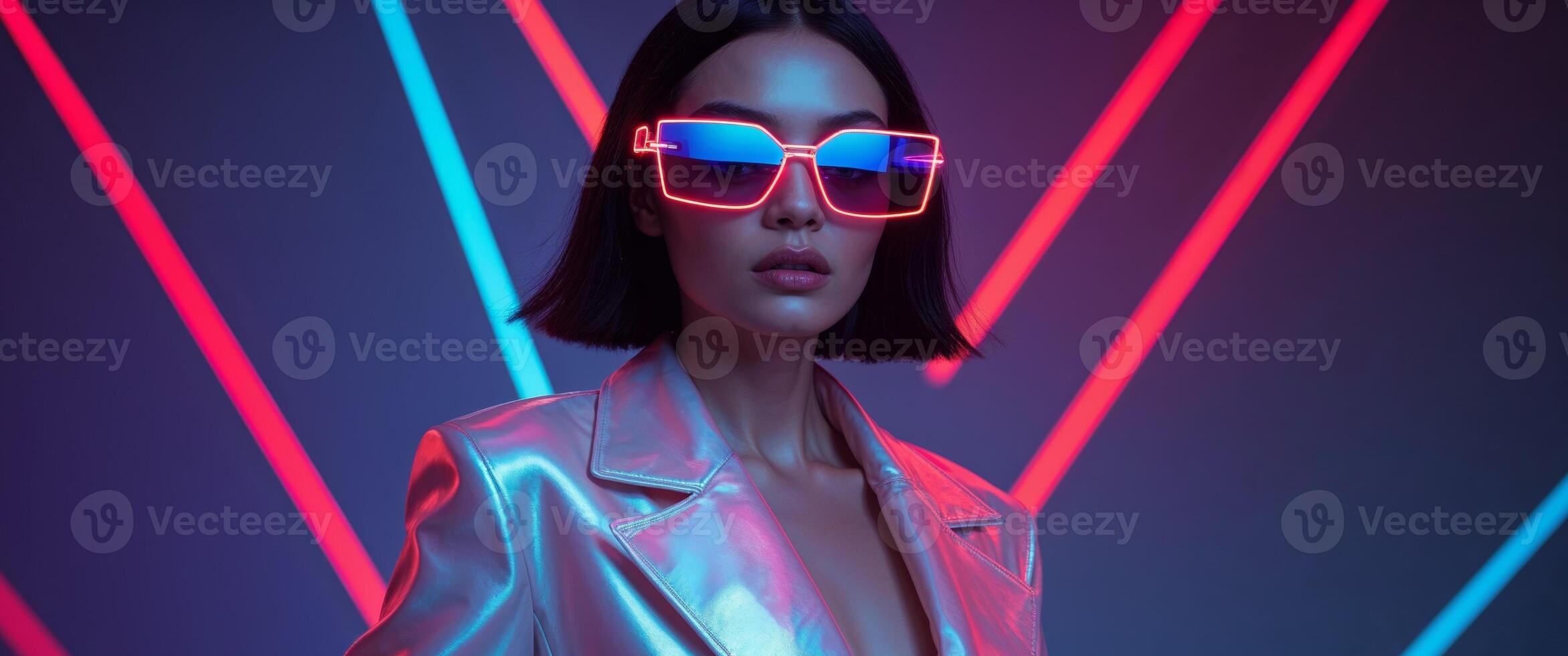 Fashion model wearing futuristic sunglasses and pearl jacket posing under red and blue lights. photo