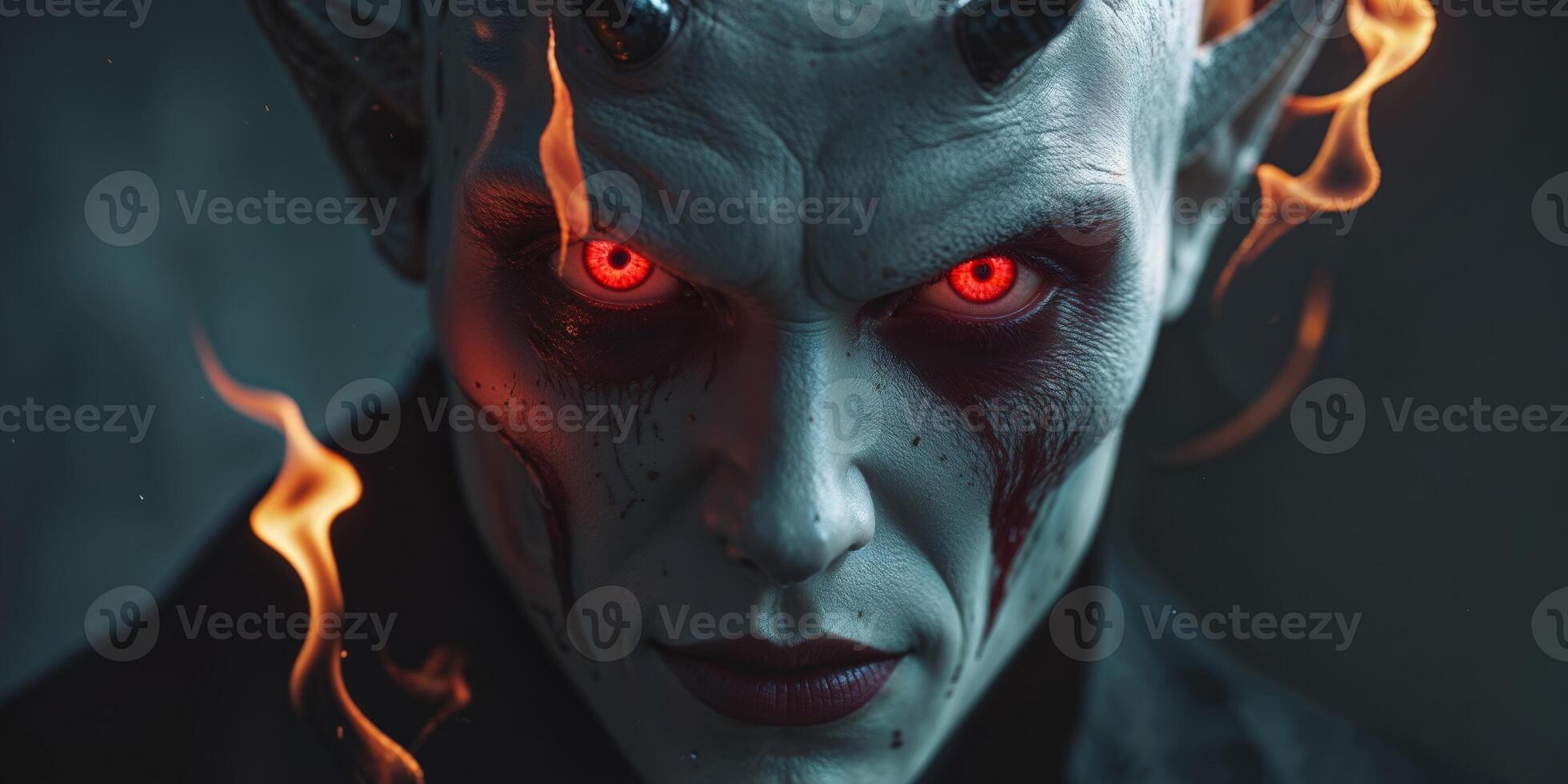 a demon with red eyes and flames on it's face. photo