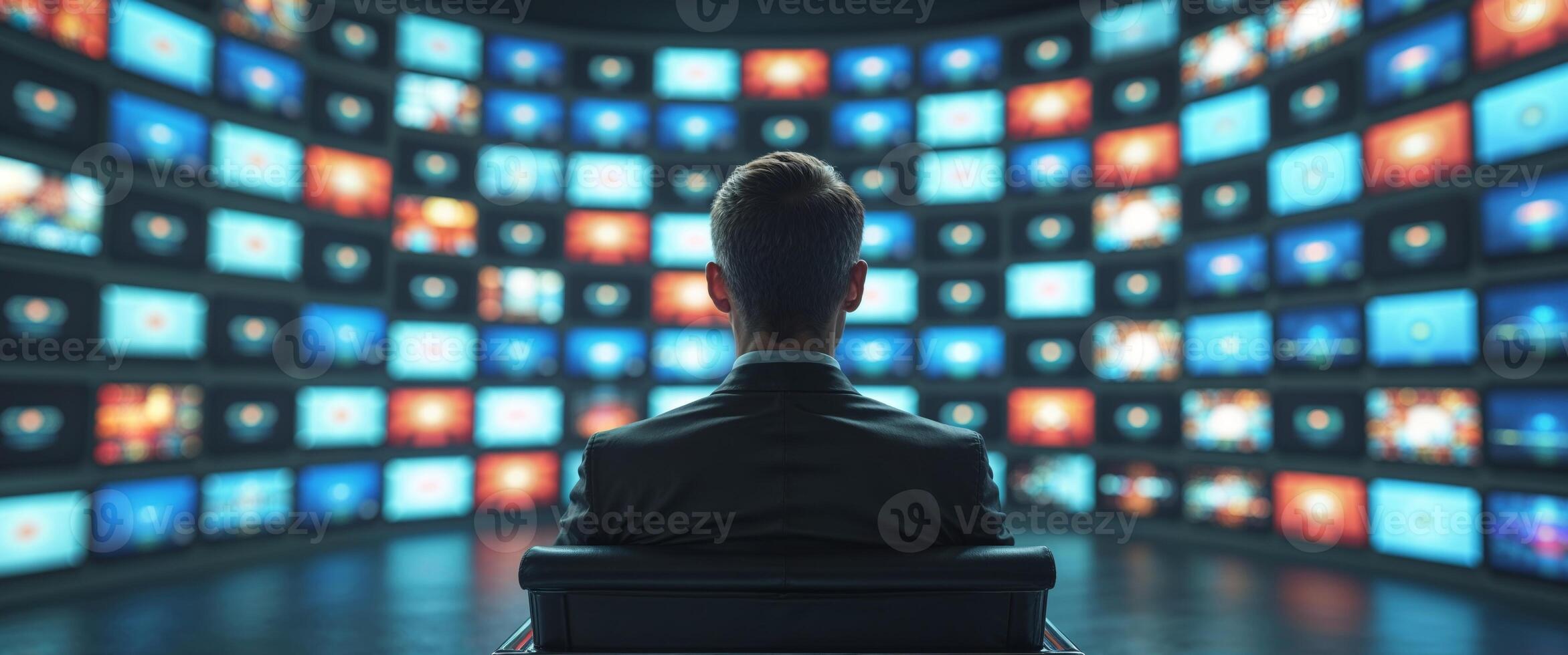 A person sits and faces a wall of glowing television screens. photo