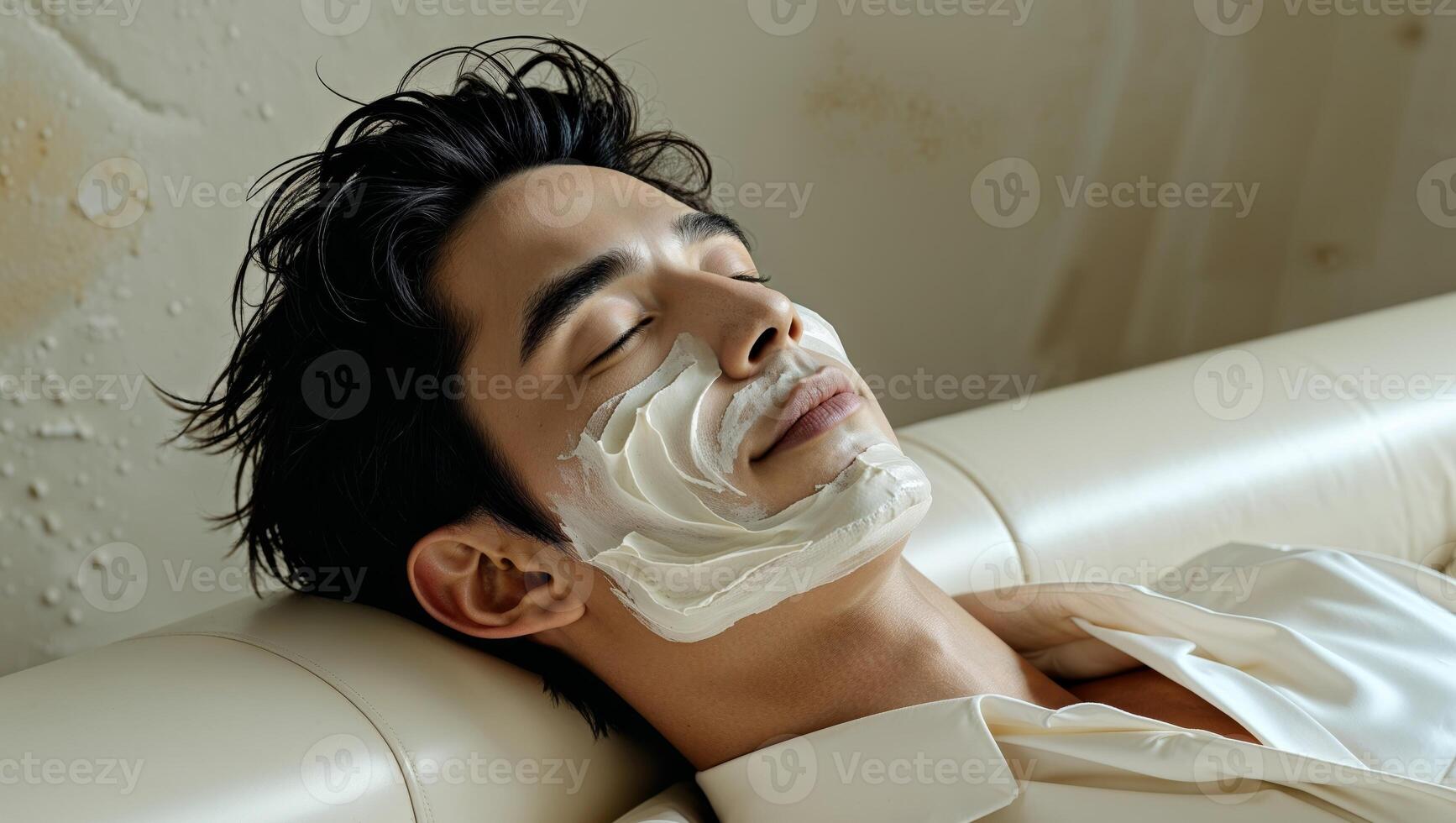 A man is laying on a couch with a cream on his face photo