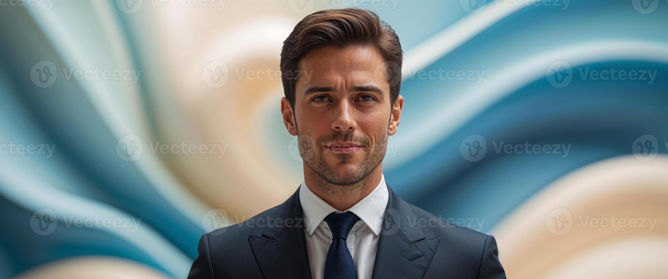 A man in a suit and tie standing in front of a blue background photo