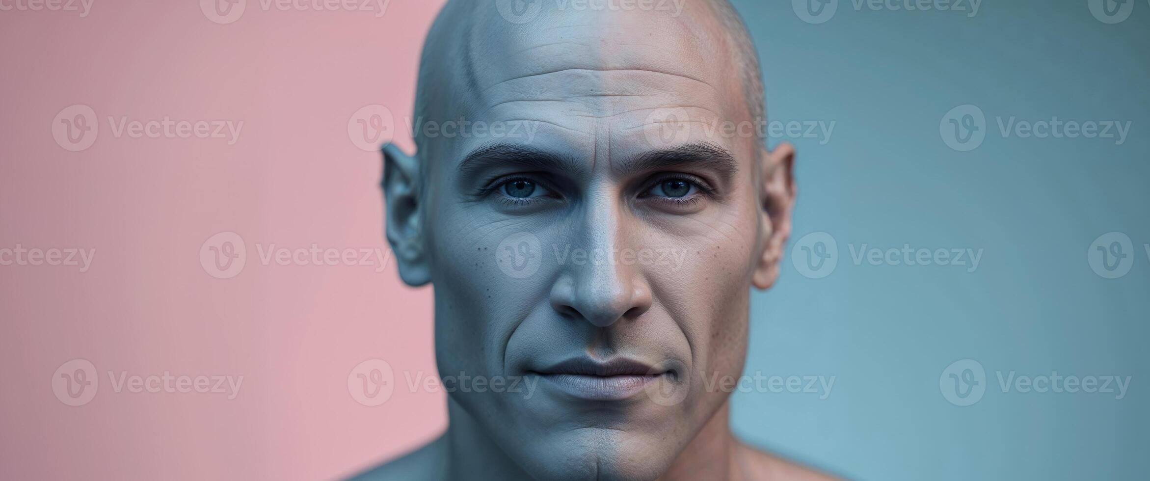 A bald man with a blue and pink face photo