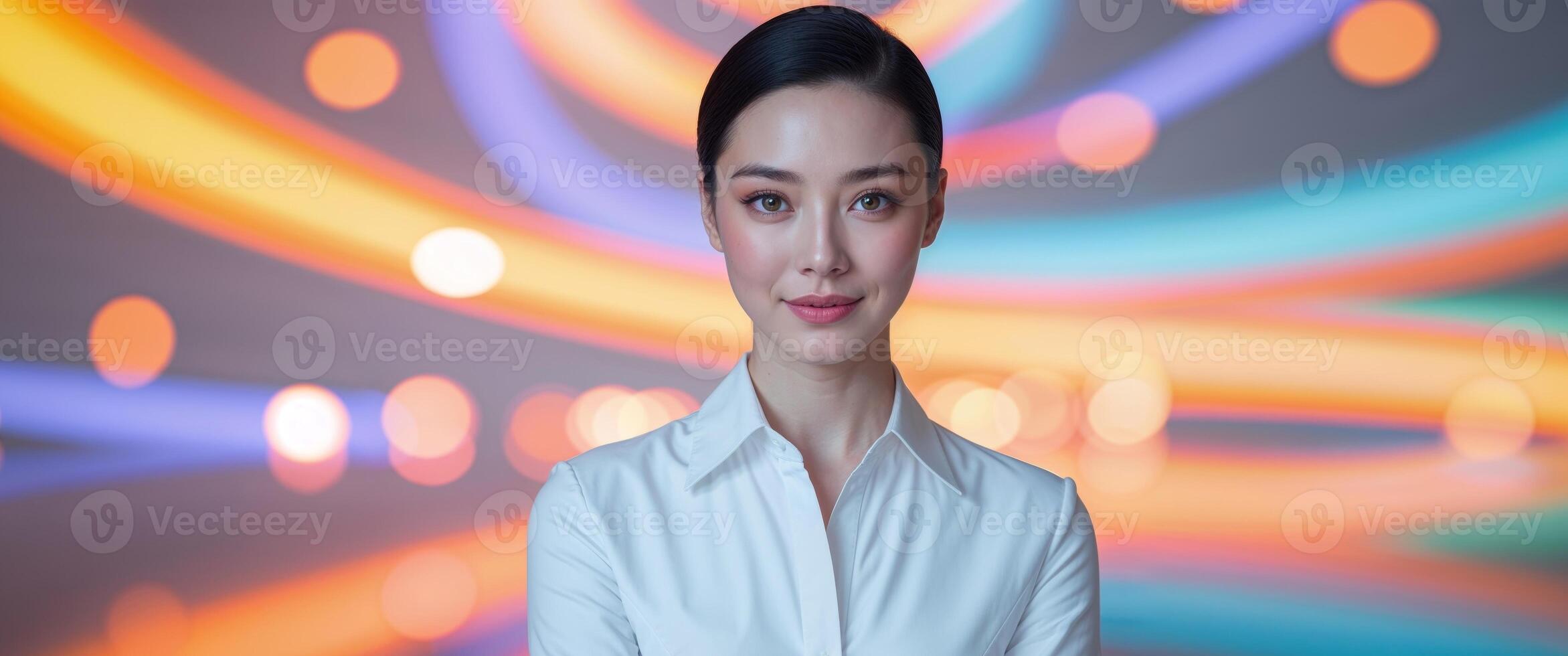 A woman in a white shirt is standing in front of a colorful background photo
