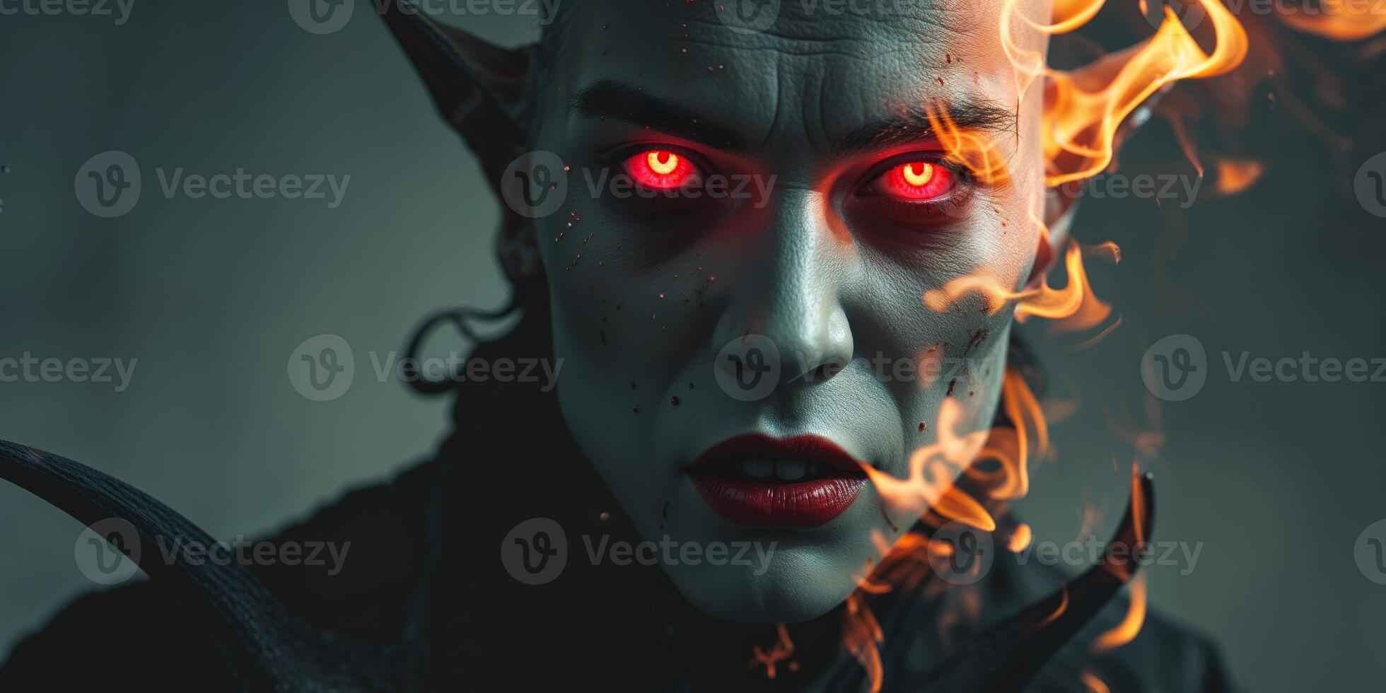 A demon with red eyes and horns photo