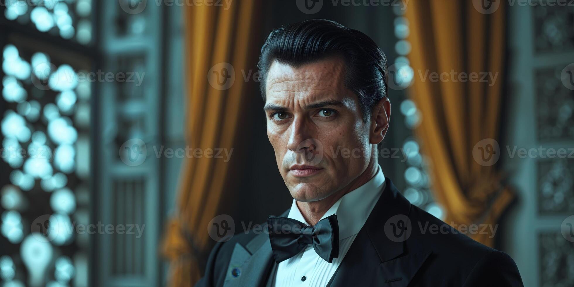 A man in a tuxedo is looking off to the side photo