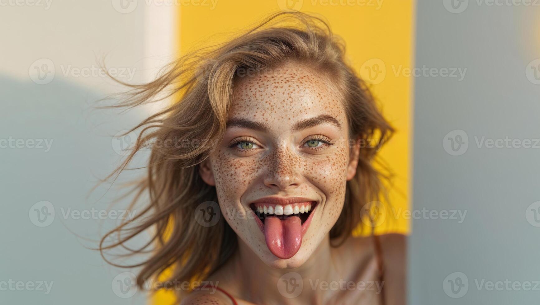A woman with freckles sticking out of her mouth photo