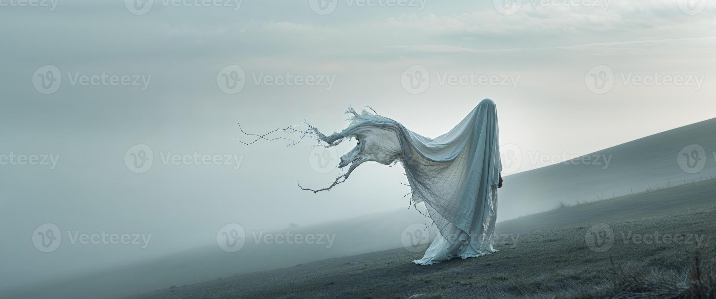 A ghostly figure standing on a hill in the fog photo