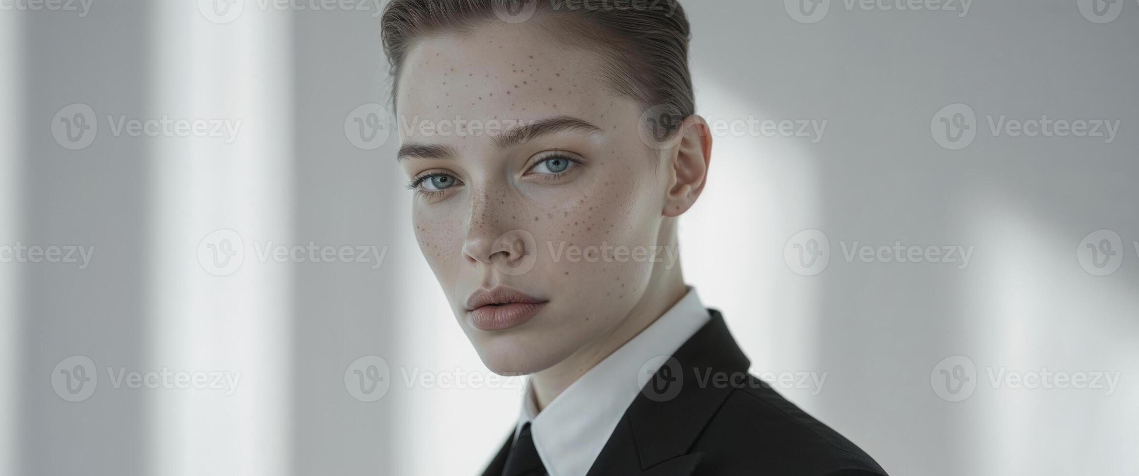 A woman in a suit and tie looking at the camera photo