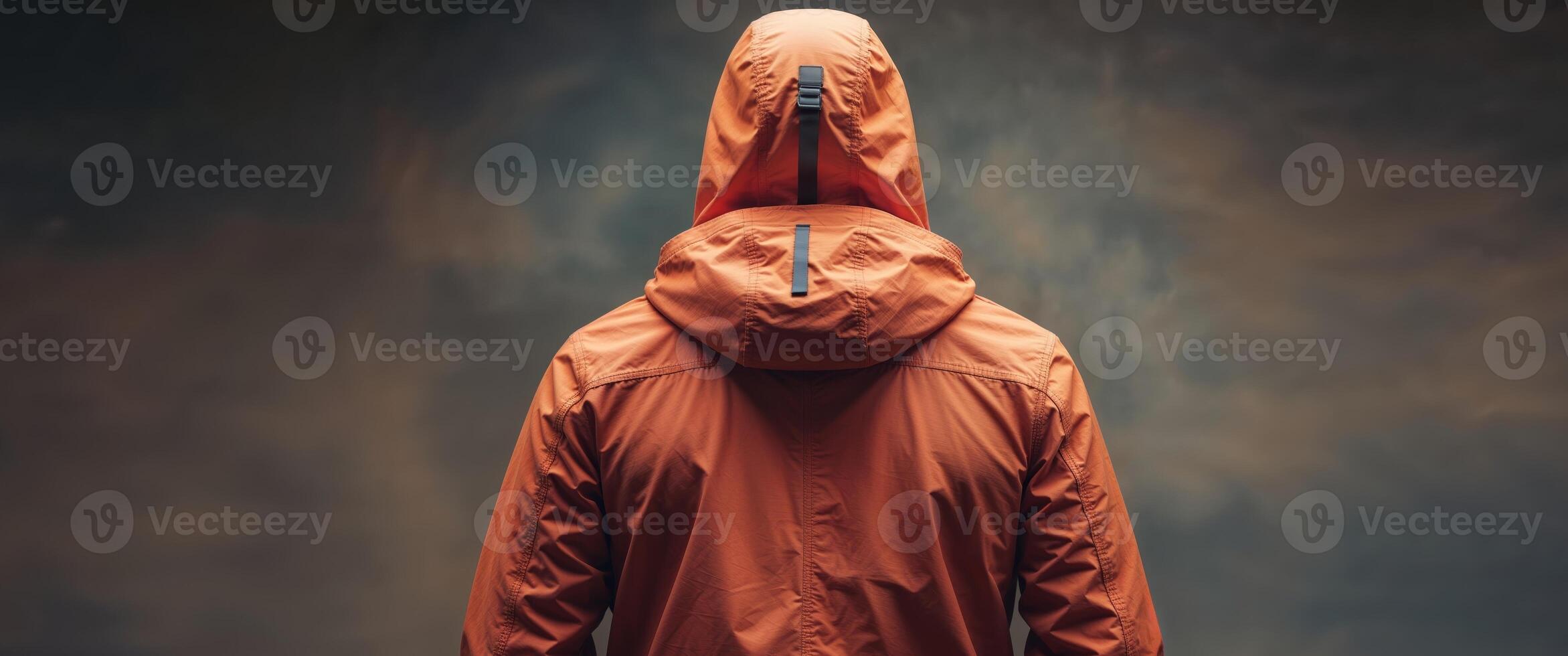 A man in an orange rain jacket photo
