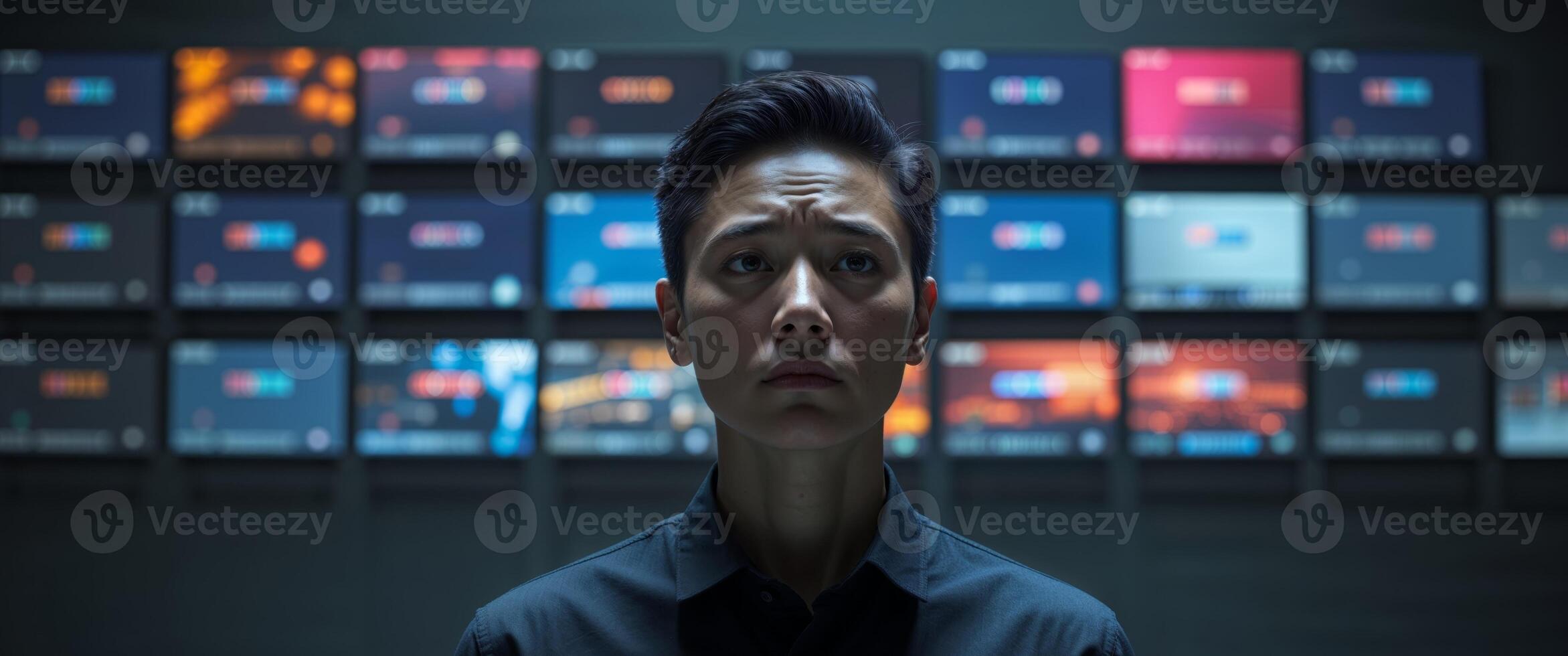 A man standing in front of a wall of television screens photo