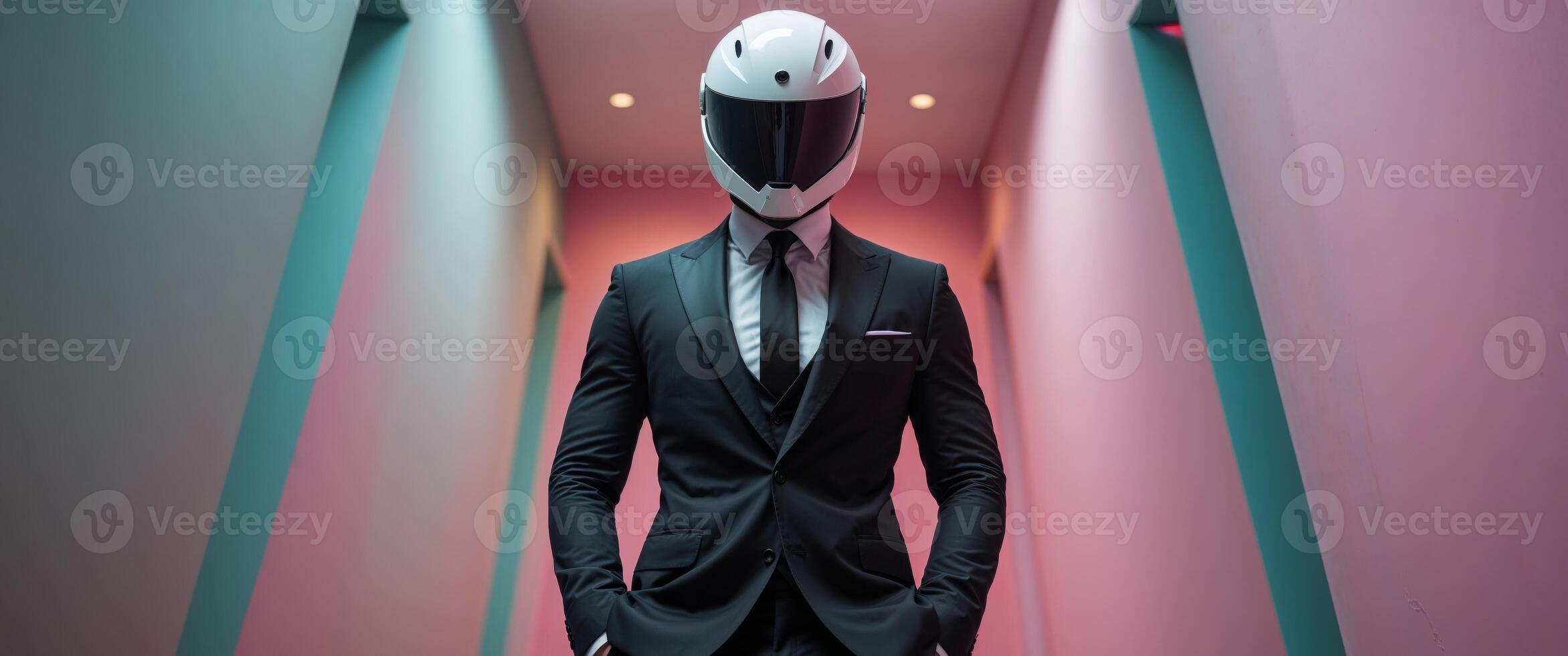 Man in Black Suit and White Helmet in Pink and Teal Hallway photo