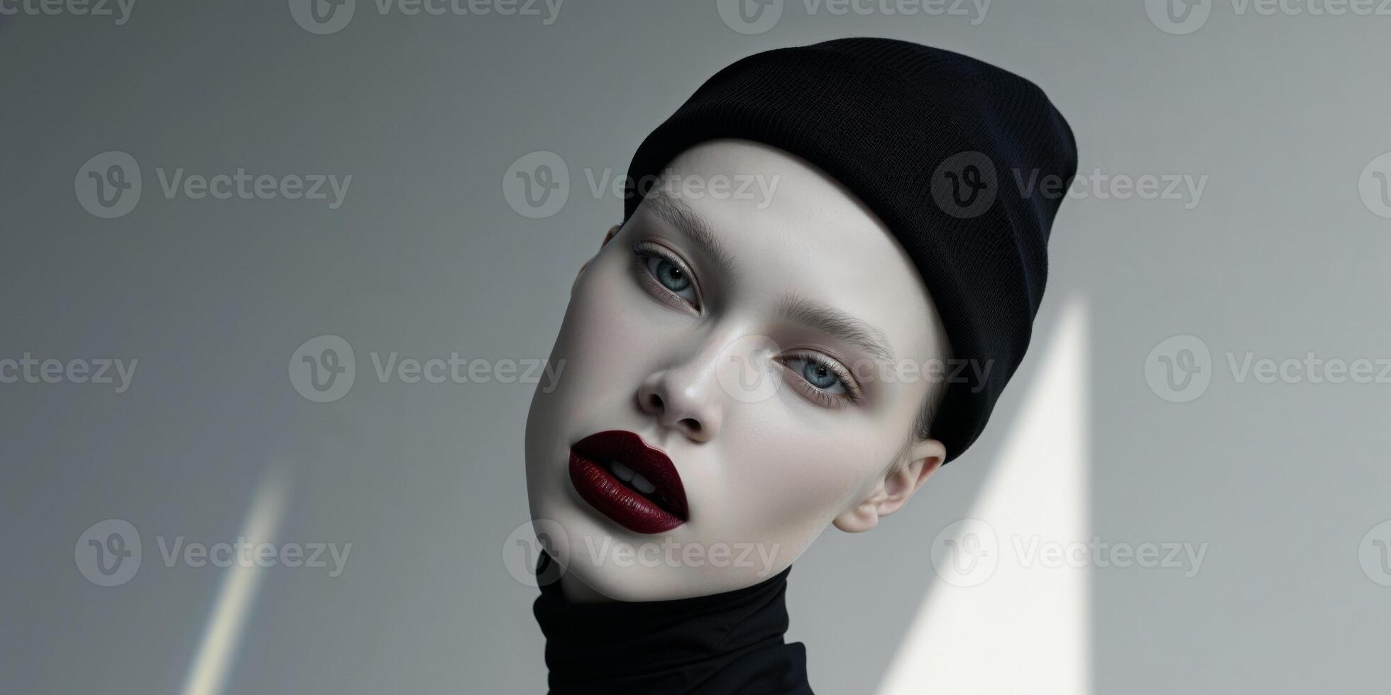 Fashion model posing with dark red lipstick and black beanie photo