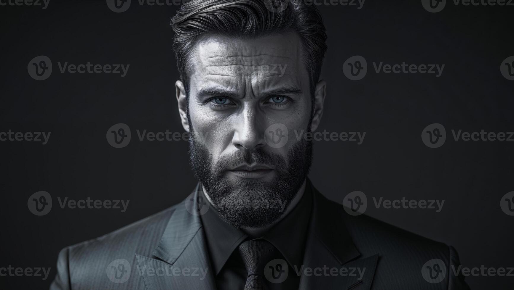 Intense gaze of confident bearded man in suit projecting power and determination Dark background photo