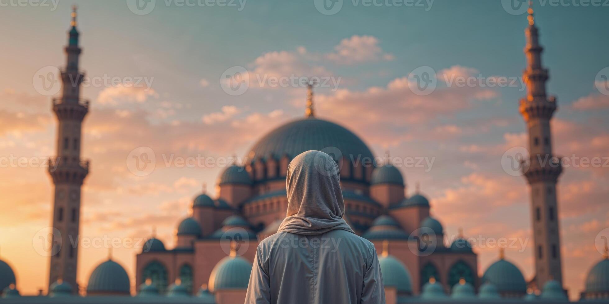 A Person Standing in Front of a Mosque at Sunset. photo